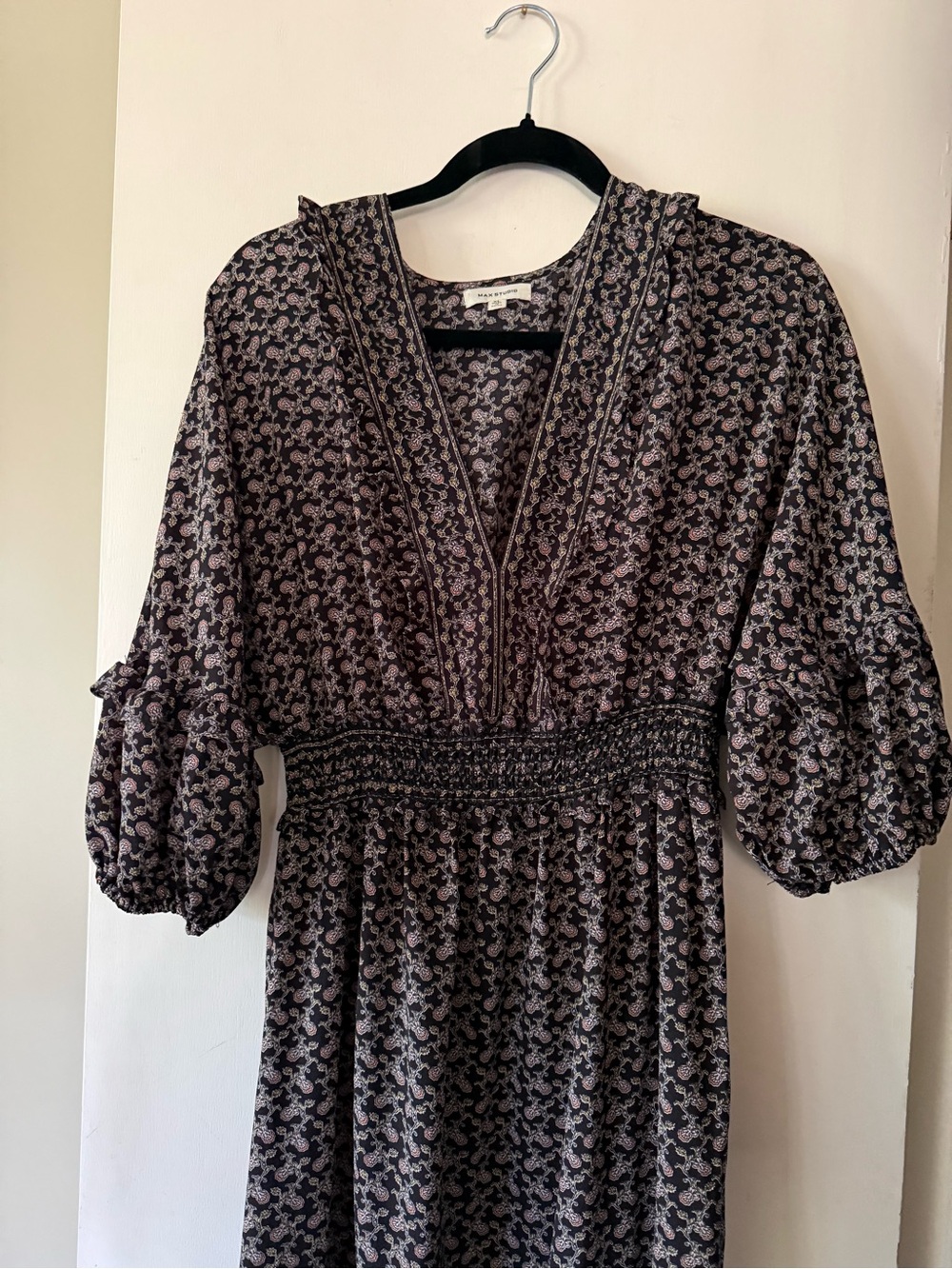 Boho Cool Girl Whimsical Butter Mom Balloon Sleeves Ruffle Hem Floral Midi Dress - Picture 3 of 7